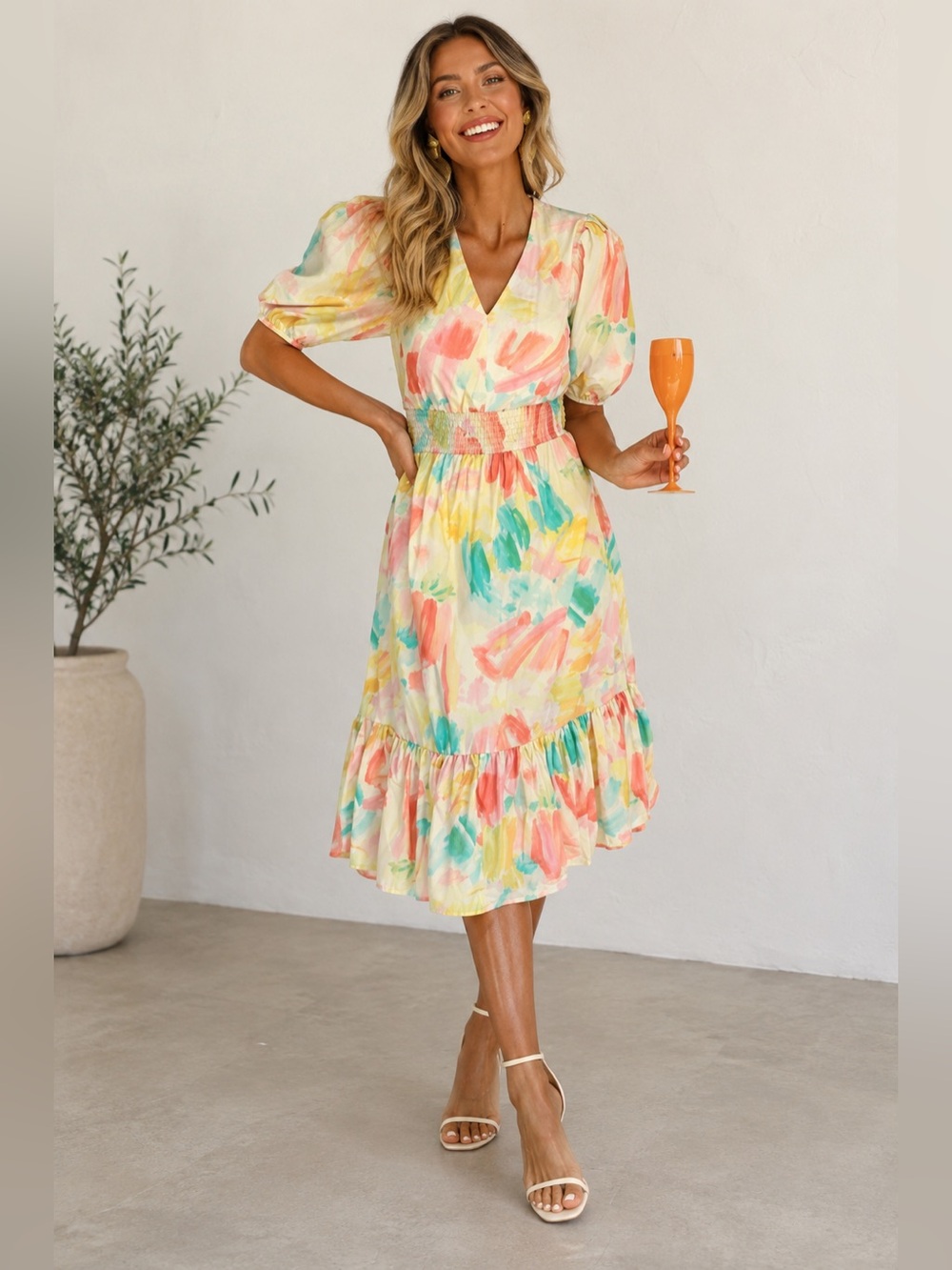Alice‎ & Wonder Colorful Watercolor Print Puff Sleeve Midi Dress Open Back Tie L